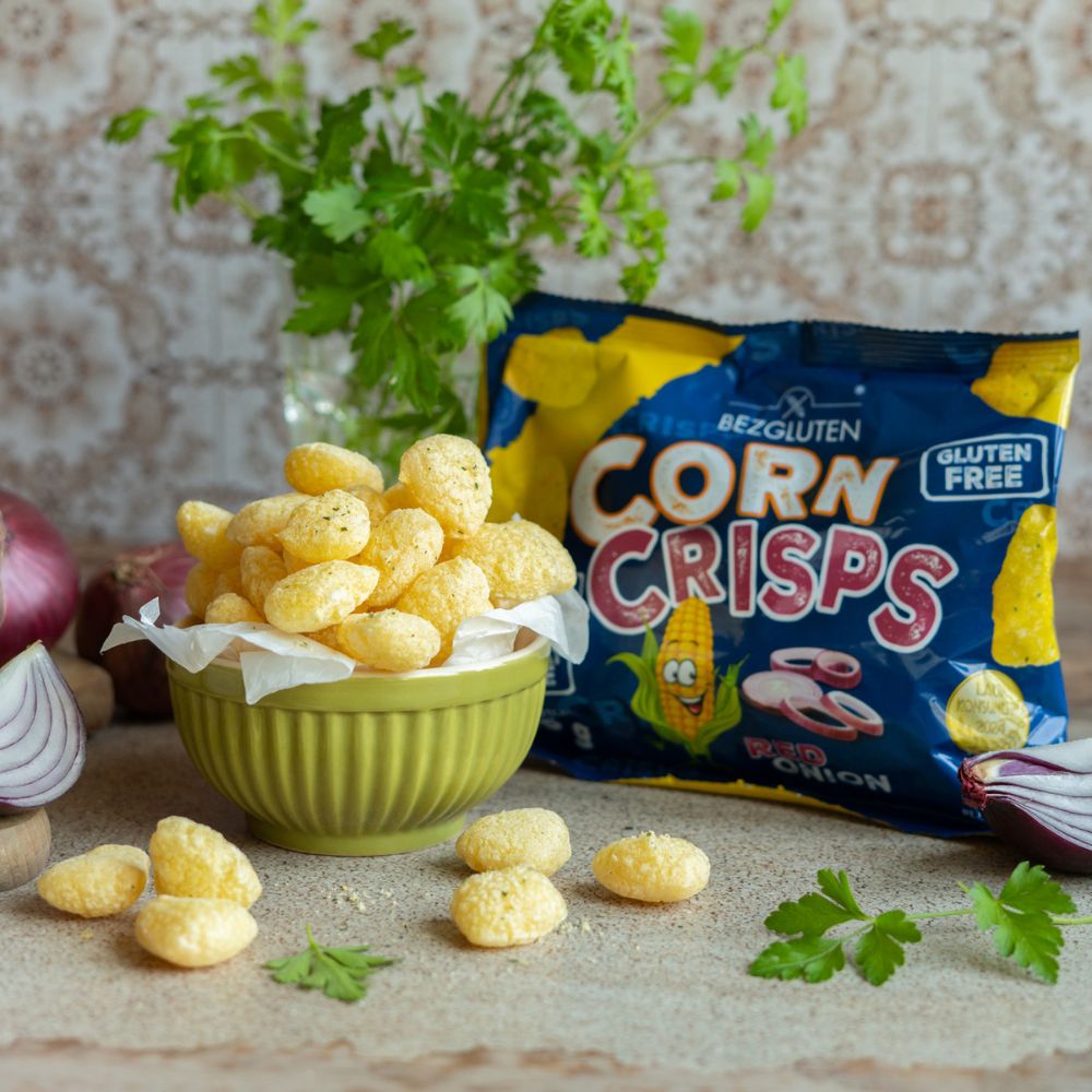 Glutenfri snacks af majs med løgsmag